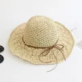 Beige hand-woven paper straw hat with hollowed lace brim and brown decorative bow - Kids Size / Fan Shape Hollow Style / Beige
