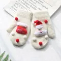 Beige Christmas knit mittens for kids with Santa and Merry Christmas stocking detail - M Adult Size / Santa Claus - White