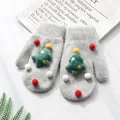 Gray knitted mittens with a green plush Christmas tree design and colorful pompoms - M Adult Size / Christmas Tree - Light Gray