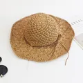 Handwoven wide-brim straw hat in natural light brown with a simple bow ribbon - Kids Size / Fan Shape Hollow Style / Light Coffee