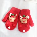 Thick red Christmas knitted mittens with reindeer pattern and pom-poms for winter warmth - M Adult Size / Reindeer Red