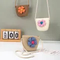 Drei gewebte Stroh-Umhängetaschen für Kinder mit großen Stoffblumen und Metallreißverschluss - 14*12cm / Blau Karierte Blume-Beige