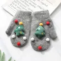 Gray knitted mittens with plush texture and decorative green 3D Christmas tree pattern - M Adult Size / Christmas Tree - Dark Gray