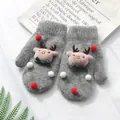 Grey knit mittens with 3D pink reindeer decor and festive pompoms for winter gifts - M Adult Size / Elk - Dark Gray