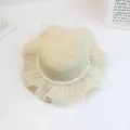 Eleganter beiger Strohhut für Mädchen mit Spitzenrand und Perlenverzierung - Kinder S (52cm) / Beigefarbener Einzelhut