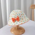 Detail of baby floral sun hat with orange bow on wooden stand and white fabric background - S / Orange