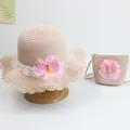 Kids wide brim straw sun hat and matching crossbody bag set with pink mesh bows - Mesh Girl - Pink