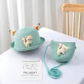 Detail of mint green straw hat and bag set with 3D ears and cartoon cat patch - Green