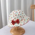 Detail of floral baby sun hat with red bow, mini woven label and fine edge stitching - S / Red