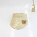 Beige kids straw sun hat with cute brown teddy bear embroidery and open top design - 48-52cm / Towel Patch Bear-Beige