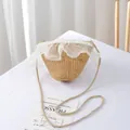 Detail of hand-woven straw bag with white lace ruffle and pearl embellishments - Natural Wheat - Organza Lace & Pearl