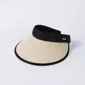 Detail van de geweven strooien zonneklep met zwarte elastische band en stoffen label - Verstelbaar (55-59cm) / Beige