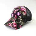 Floral print baseball cap with pink and purple roses on black mesh breathable fabric - M (55-58cm) / Mesh Style / Black