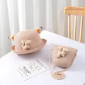 Detail of straw hat and bag set for kids featuring 3D ears and cute cat embroidery - Kids Hat / Pink