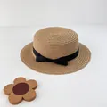 Women's summer straw flat top boater hat with a black ribbon bow in khaki finish - S (52cm) / Khaki