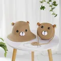 Detail van strohoed voor kinderen en bijpassende tas met schattige 3D-berenoren - Enkele grote ronde tas (15*7cm) / Ronde Beren Strooien Tas / Khaki