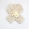 Close-up of beige faux rabbit fur winter scarf with a cute 3D plush bear detail - 10*75cm / Apricot