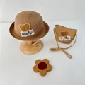 Kids natural straw sun hat and matching crossbody bag set with lucky bear patch - Hat And Bag Set / Khaki