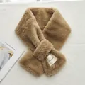 Brown faux rabbit fur plush scarf with elegant cross-through design and letter patch - Khaki