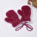 Detail of burgundy plush mittens with white fleece lining and convenient neck string - Size S (2-6 Years) / Rose Red