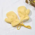 Detail of yellow plush baby mittens with fleece lining and anti-lost neck string - Size S (2-6 Years) / Bright yellow