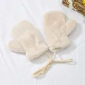 Detail of plush cream faux rabbit fur mittens with warm lamb wool lining and neck strap - Size S (2-6 Years) / Apricot