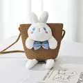 Handwoven straw bucket bag for girls with a cute plush rabbit and woven strap - Khaki Bag White Rabbit