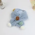 Detail of light blue plush kids scarf with cute animal patches and white soft pom-poms - 75*10cm / Sky Blue
