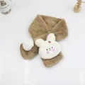 Detail of coffee plush scarf with cute white rabbit and fluffy pompom ornament - Khaki