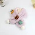Detail of light purple plush kids scarf with cute bear and frog patches and pom-poms - 75*10cm / Light Purple