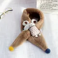 Plush brown scarf for kids featuring a grey cartoon mouse and colorful pom-pom charms - Mouse Style (Khaki) / Khaki