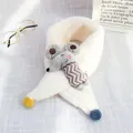 Plush cream scarf for kids featuring a cute grey mouse doll and colorful pompom accents - Mouse Style (Rice White) / Off White