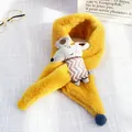 Close-up of a yellow plush kids' scarf featuring a gray mouse doll and a blue pompom - Mouse Style (Yellow)