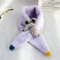 Detail of lavender plush scarf for kids with a cute grey cartoon mouse and colorful pompoms - Mouse Style (Purple) / Purple