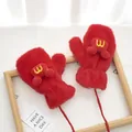Detailed view of red plush mittens with a cute toy car and red anti-lost neck rope - 3D Letter Car - Red