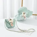 Set cappello di paglia e borsa verde menta con fiori per protezione solare da spiaggia - Cappello di Paglia per Bambini / Verde