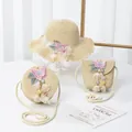 Strohhut und passende Umhängetasche für Mädchen mit 3D-Schmetterlingsverzierung - Überschlagtasche / Beige