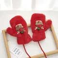 Detail of red plush mittens with hanging cord and cute cartoon reindeer holiday design - Glitter Reindeer - Red