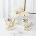 Strohhut und Taschen Set für Kinder mit rosa 3D-Schmetterling und Perlenquasten - Überschlagtasche / Creme