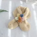 Kids cream white faux shearling scarf with a colorful plush flower decoration - 75*10cm / Khaki