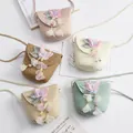 Straw woven crossbody bag for girls with embroidery and floral charm in five colors - Butterfly Bead Flower / Khaki