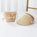 Detail of straw sun hat and matching bag with cute rabbit ears and mesh bow decoration - 48-52cm / Single Hat / Beige - Orange Rabbit