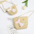 Straw crossbody bags for kids with sequin mermaid tail, shell and pearl decorations - Small Bag / Beige (Mermaid Series)