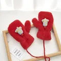 Detail of red plush mitten with bell embroidery and hanging neck strap in wooden frame - Glitter Gray Bell - Red