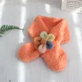Thick coral orange fleece scarf for children featuring a colorful 3D flower decoration - 75*10cm / Orange