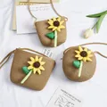 Cute sunflower straw crossbody bags for little girls in round and trapezoid styles - Small Square Bag / Khaki - Large Sunflower