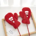 Detail of red plush Christmas mittens with hanging neck cord and snowman applique - Glitter Snowman - Red