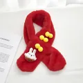 Detailed close-up of red plush children scarf with cute 3D bunny and yellow pom-poms - 6 Balls Lucky Rabbit - Red