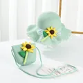 Detailansicht der Kinder Strohhut und Tasche mit Sonnenblume und Spitzenband Set - Strohbeutel / Grün - Eine Große Sonnenblume