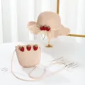 Pink straw hat and matching purse set with cute strawberry patches for young girls - S(52cm) / Kids Hat / Pink